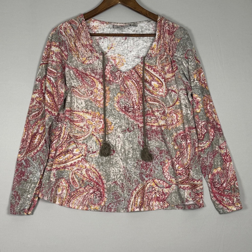Jason Maxwell Paisley Top Women XL Pink Grey NWOT Boho Tassel V-Neck Blouse